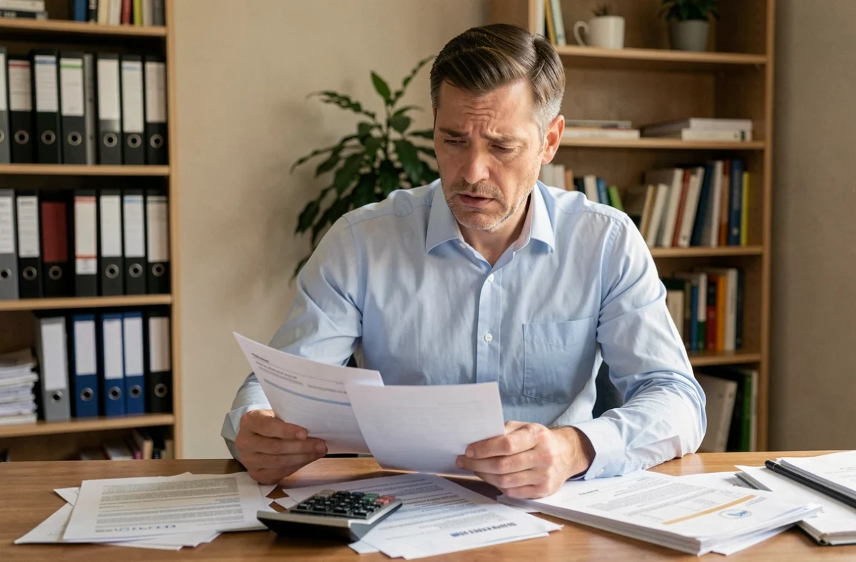 Homme examinant des documents de prêt immobilier à son bureau à domicile, illustrant les erreurs courantes des emprunteurs Casden