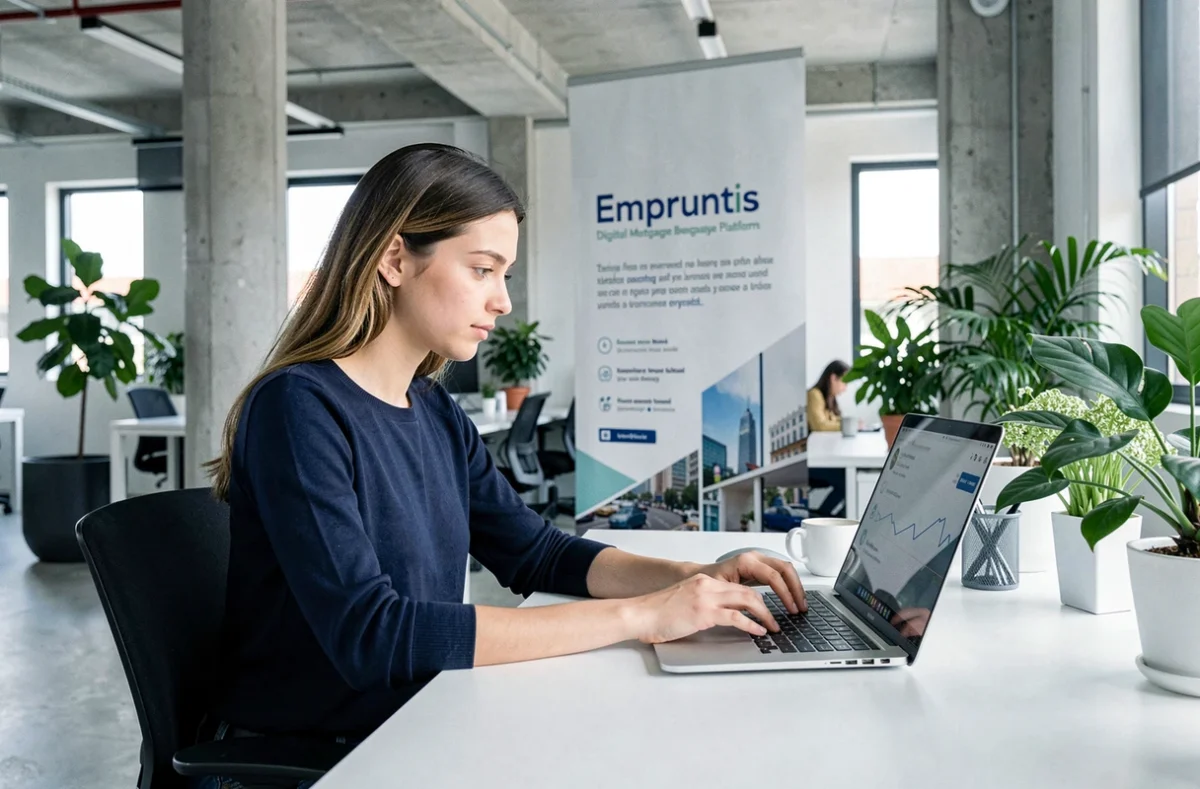 Une conseillère Empruntis travaille sur une simulation de prêt immobilier dans un espace de travail moderne et lumineux
