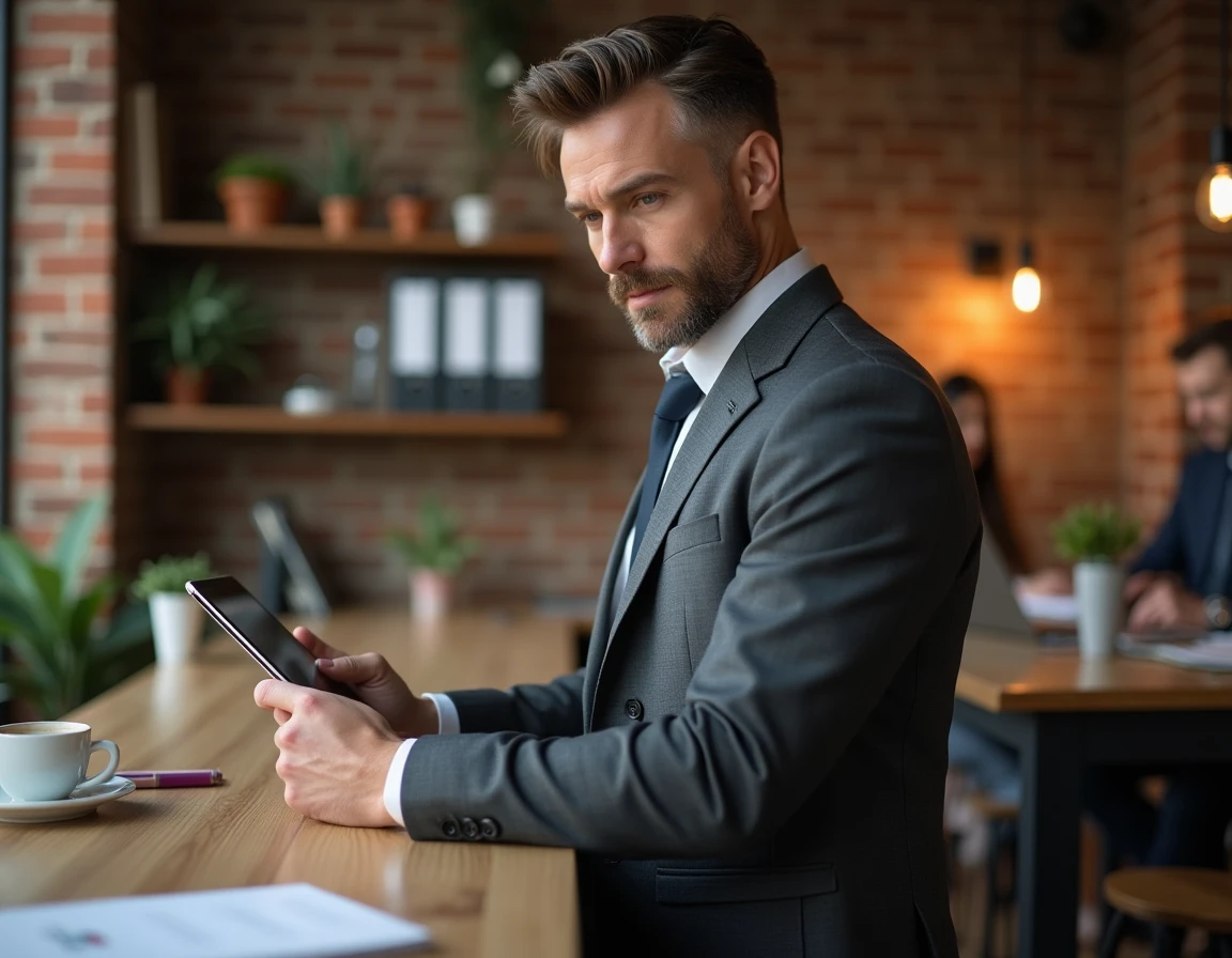 Entrepreneur masculin consultant une application bancaire professionnelle sur tablette dans un espace de coworking