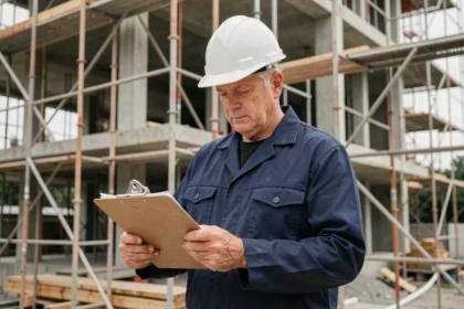 Entrepreneur du bâtiment consultant des documents de garantie décennale sur un chantier de construction