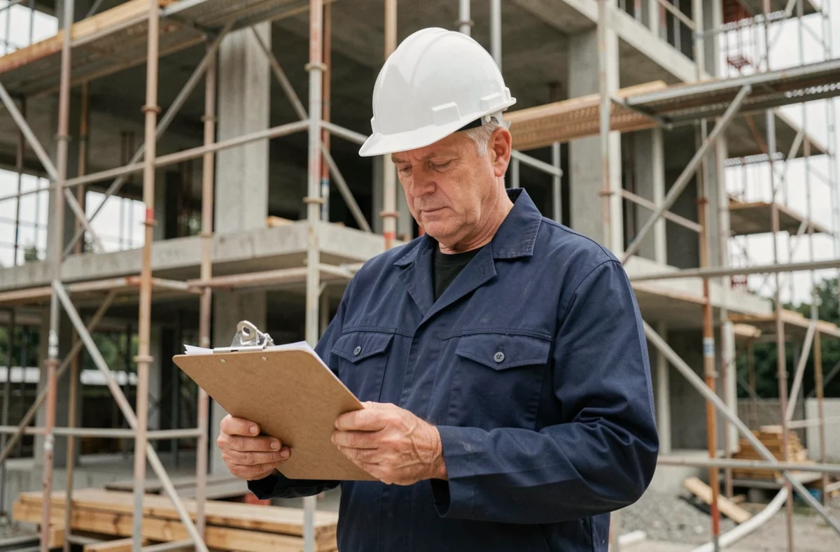 Entrepreneur du bâtiment consultant des documents de garantie décennale sur un chantier de construction