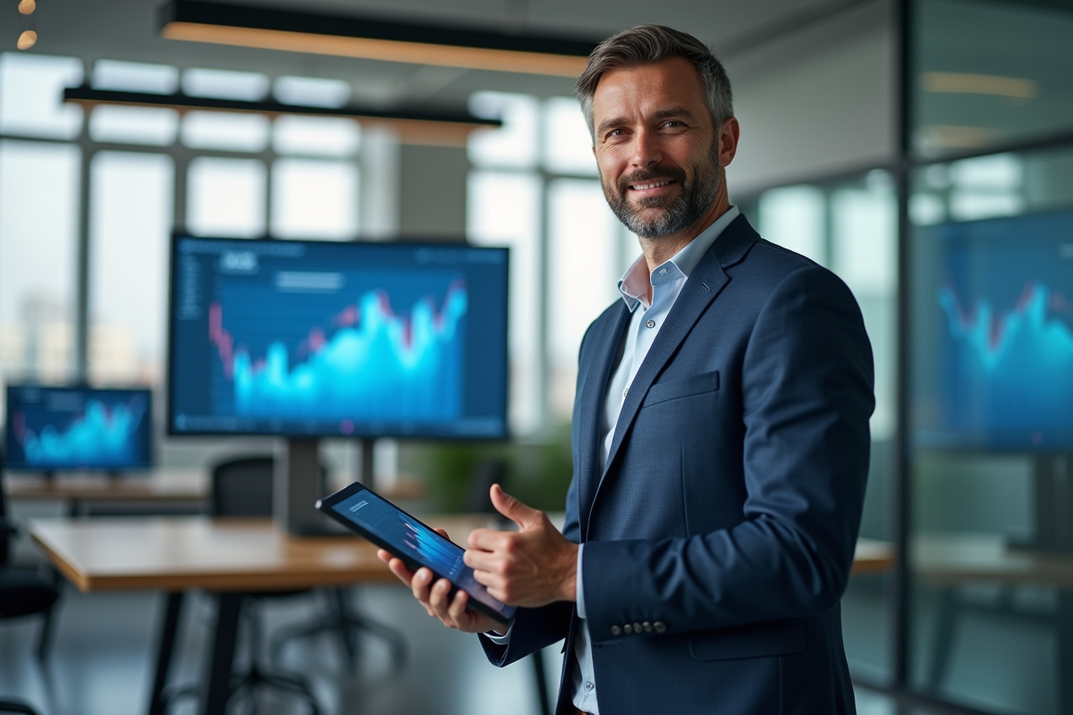 Entrepreneur confiant avec tablette et graphiques dynamiques