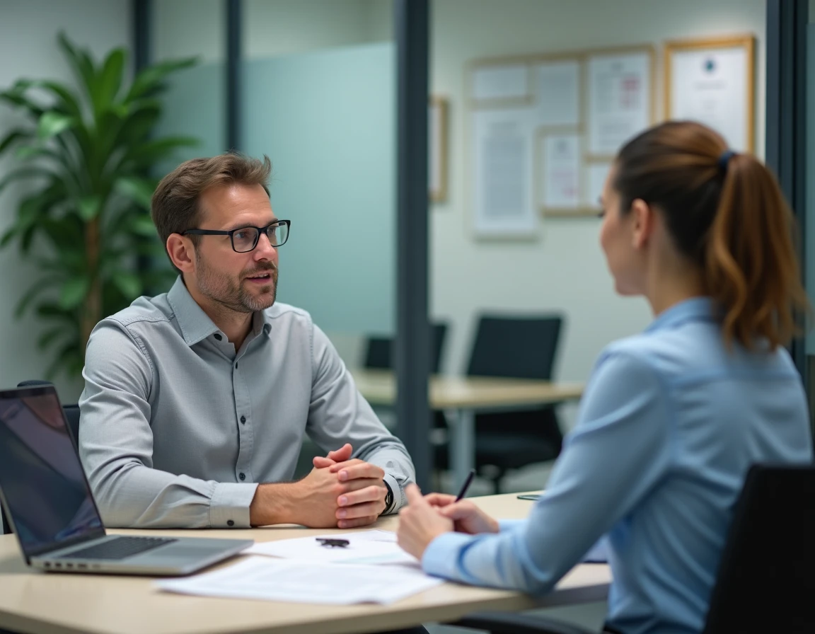Entretien professionnel entre un AESH et un responsable administratif pour discuter du contrat et du salaire