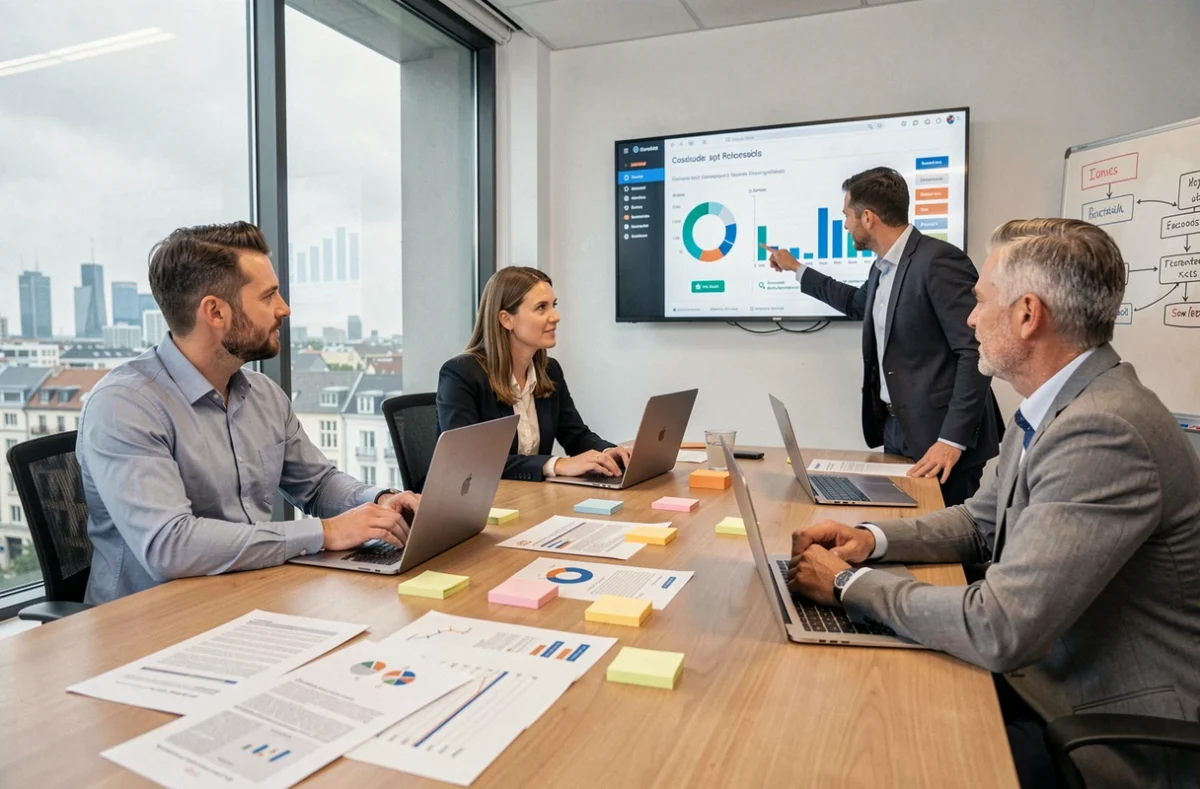 Équipe de credit management discutant de processus de recouvrement européens en salle de réunion