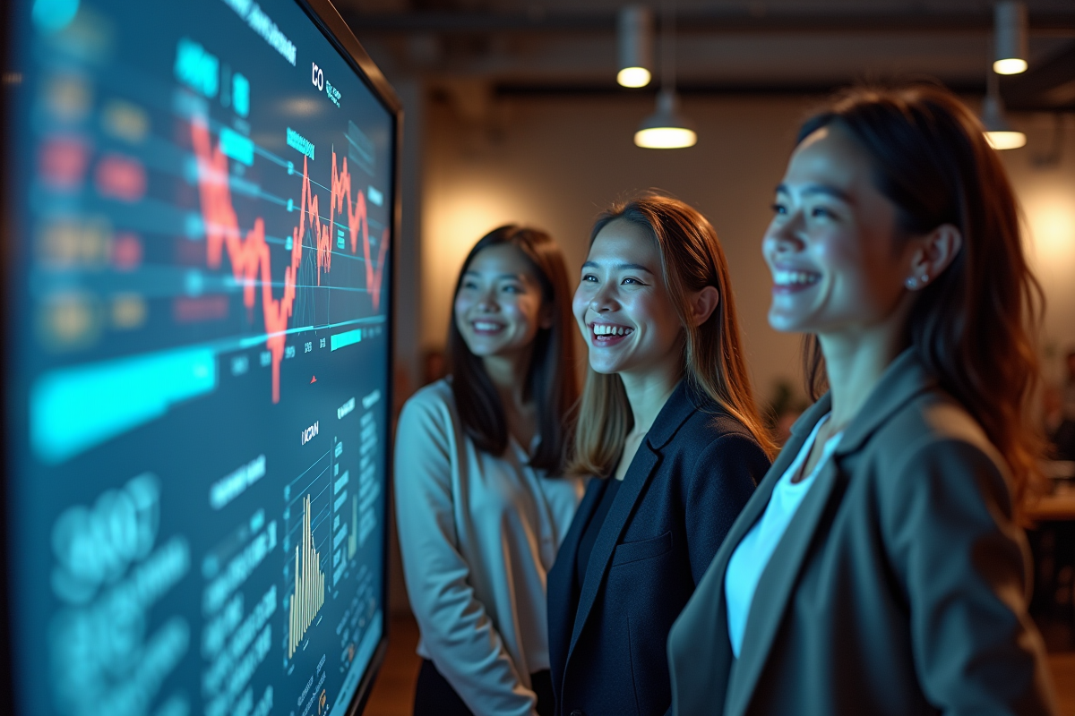 Groupe de jeunes professionnels regardant tableau de bord ICO
