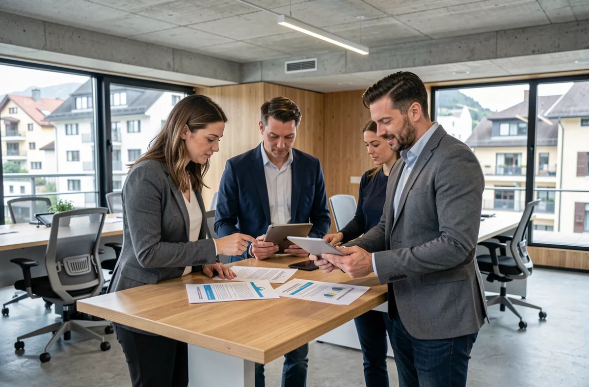Équipe de professionnels en PME suisse discutant de contrats d'assurance entreprise autour d'une table de réunion moderne