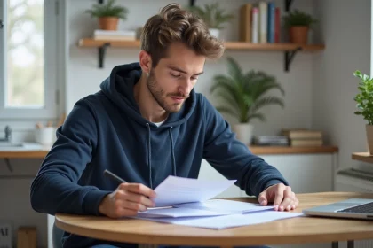 Jeune étudiant organisant ses documents dans un studio