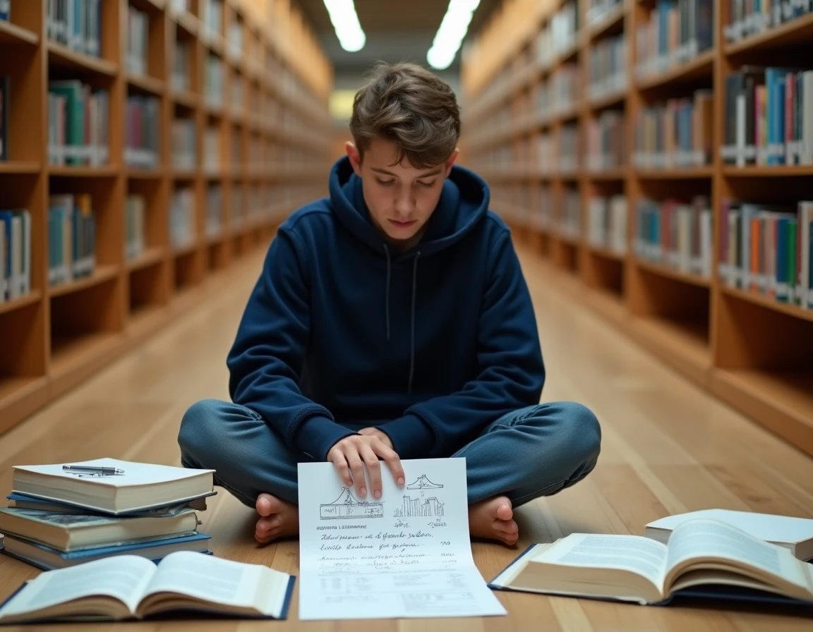 Étudiant révisant la formule du taux d'évolution avec des fiches et manuels dans une bibliothèque