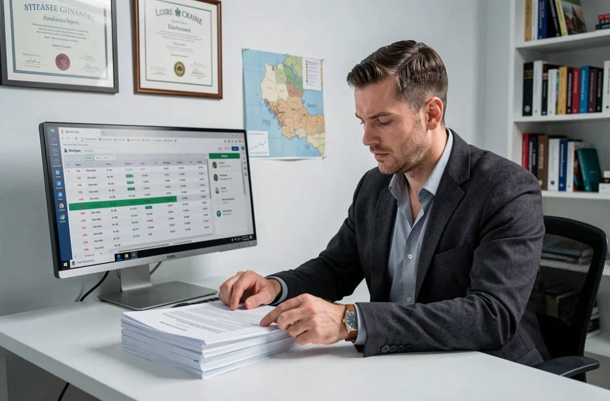 Expert en crédit immobilier analysant un dossier de financement dans son bureau professionnel