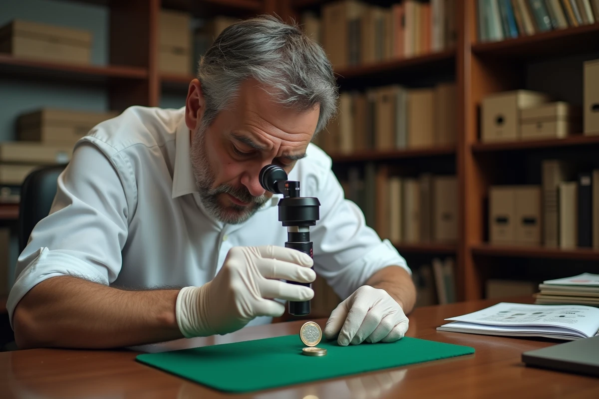 Expert numismate avec loupe professionnelle inspectant une pièce de 2 euros sur un tapis de velours vert dans un bureau spécialisé