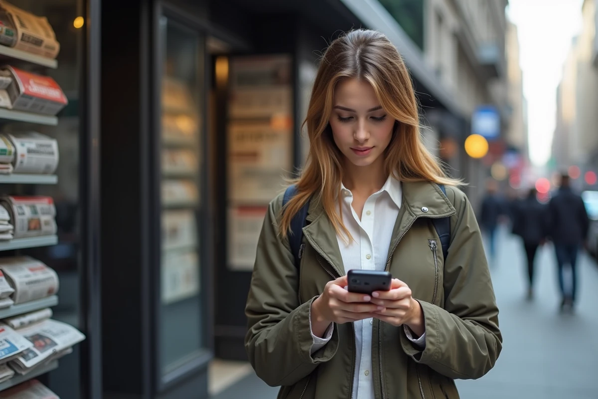 Jeune femme regardant des mises à jour boursieres sur son smartphone