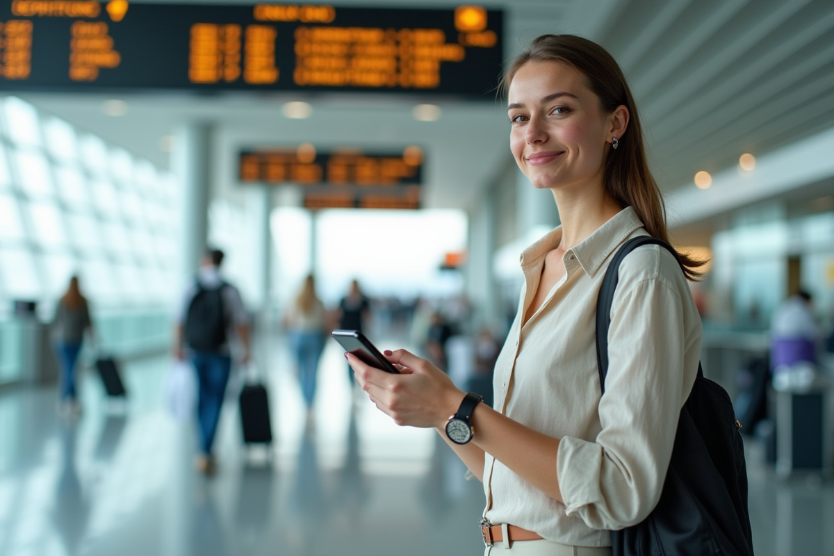 Femme dans un aéroport tenant son smartphone avec crypto