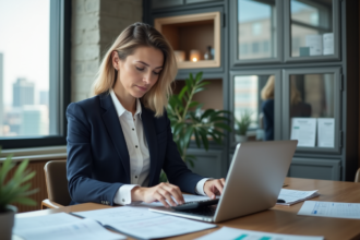 Femme d'affaires analysant des feuilles de calcul au bureau