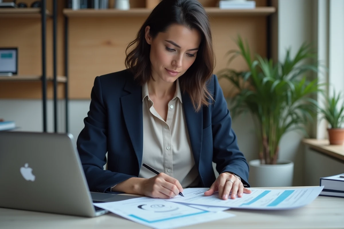 Femme de 40 ans qui analyse des documents financiers pour optimiser sa prime de pouvoir d'achat 2026 dans un bureau à domicile organisé