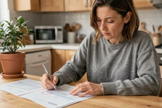 Femme analysant ses relevés bancaires à la cuisine pour identifier un prélèvement Remisereduc à résilier