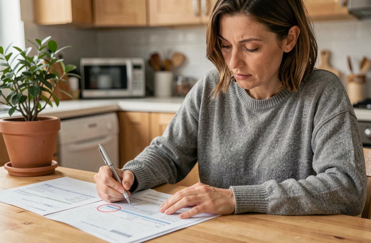 Femme analysant ses relevés bancaires à la cuisine pour identifier un prélèvement Remisereduc à résilier