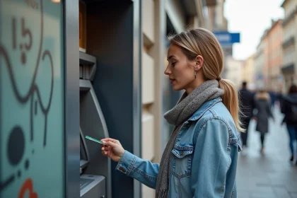 Femme retirant de l'argent à un distributeur en ville