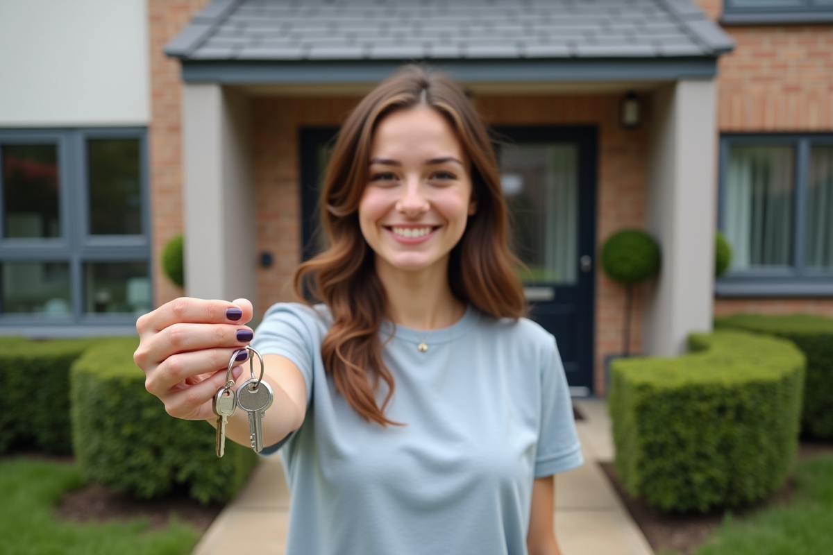 Femme heureuse tenant des clés devant sa nouvelle maison