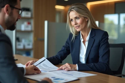 Femme en costume navy examinant ses documents bancaires
