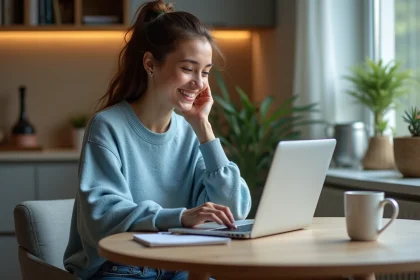 Jeune femme souriante utilisant un ordinateur portable à la maison