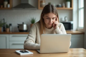 Femme assise à la cuisine avec ordinateur et carnet