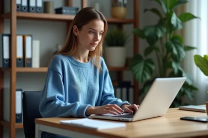 Femme concentrée travaillant sur son ordinateur dans un bureau moderne