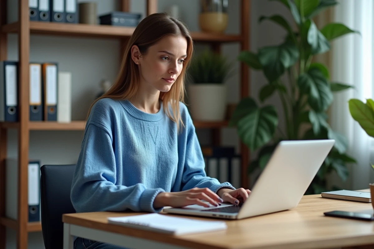 Femme concentrée travaillant sur son ordinateur dans un bureau moderne