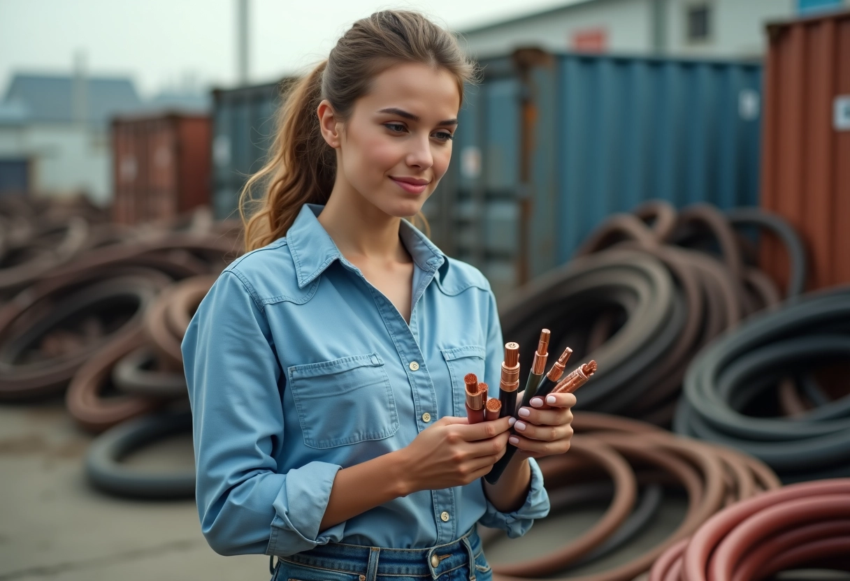 Jeune femme tenant des câbles en cuivre dans une décharge industrielle
