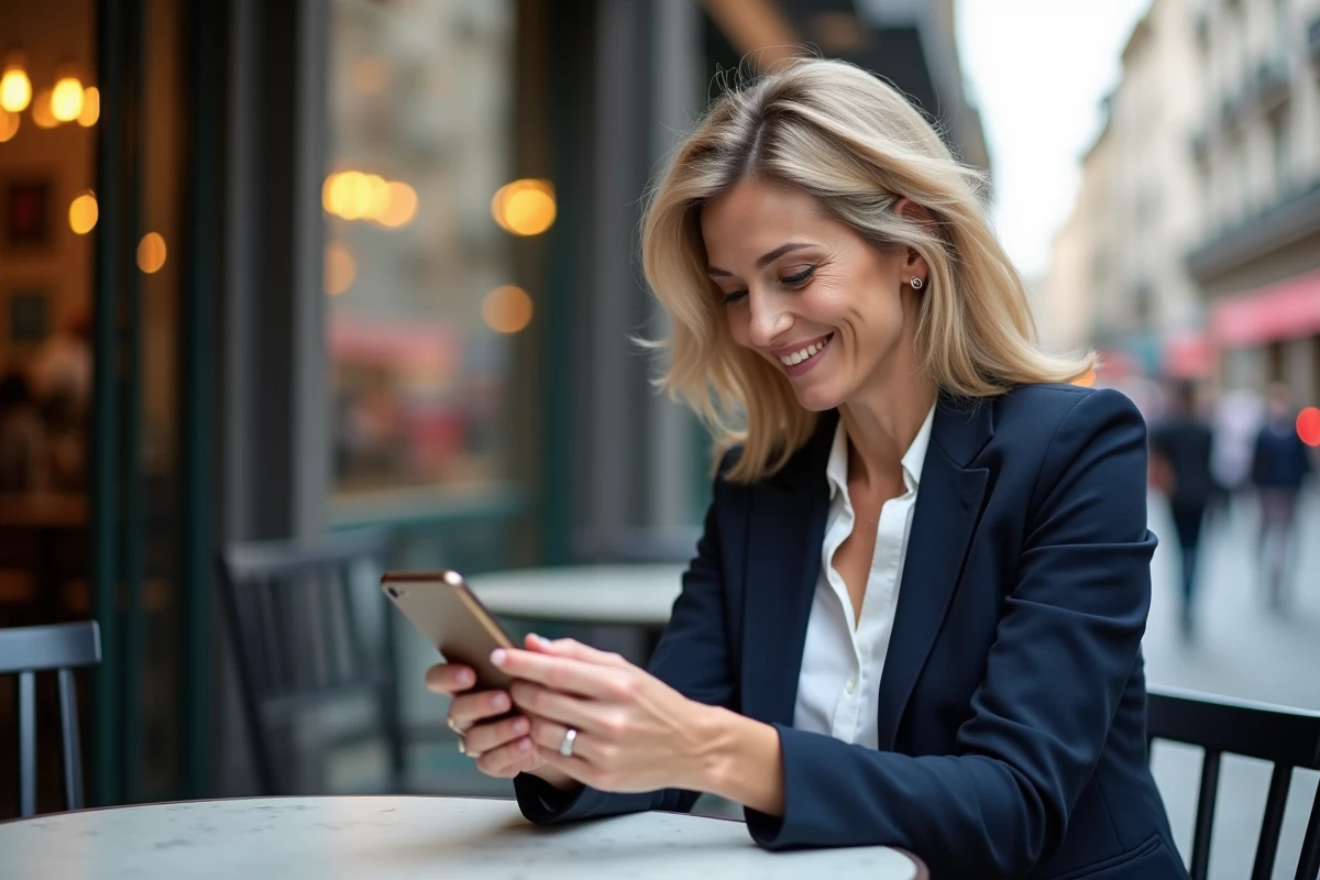 Femme d age moyen utilisant son smartphone en terrasse de café