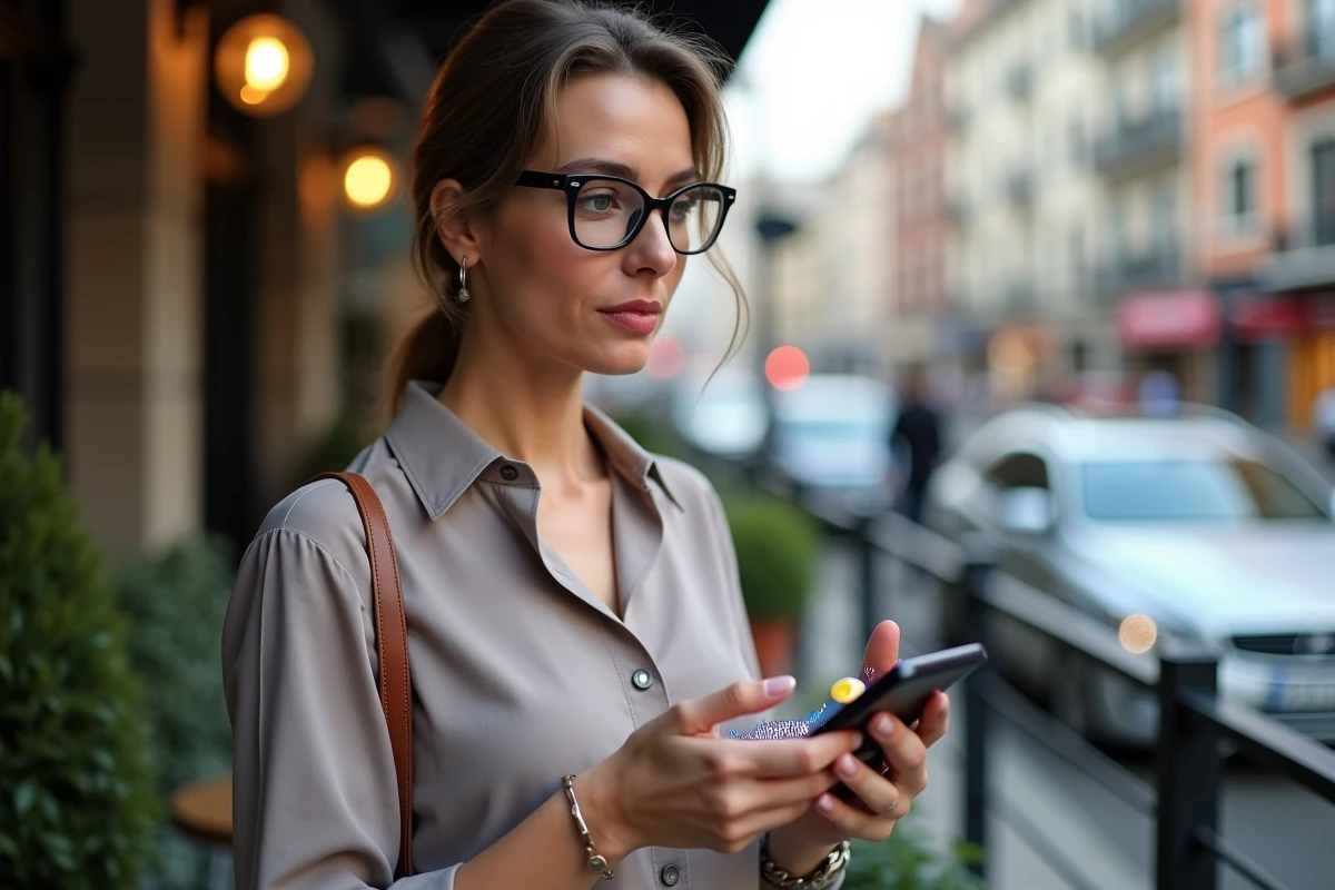 Femme d age moyen utilisant smartphone avec graphiques crypto