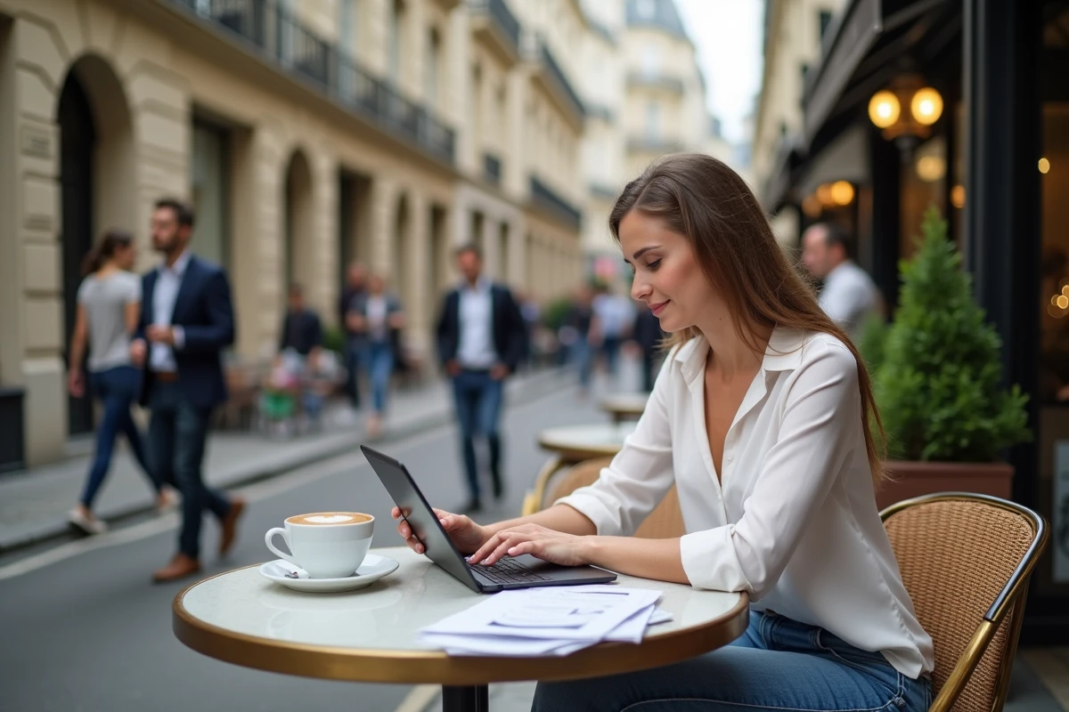 Femme détendue utilisant une tablette dans un café parisien