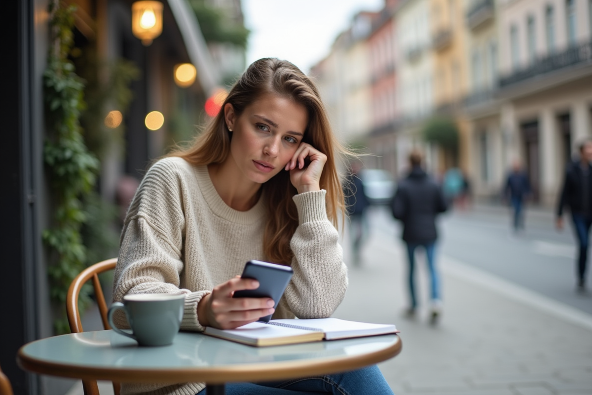 Femme prenant des notes au café en milieu urbain
