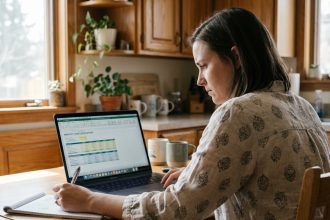 Femme concentrée calculant un prêt immobilier à la maison