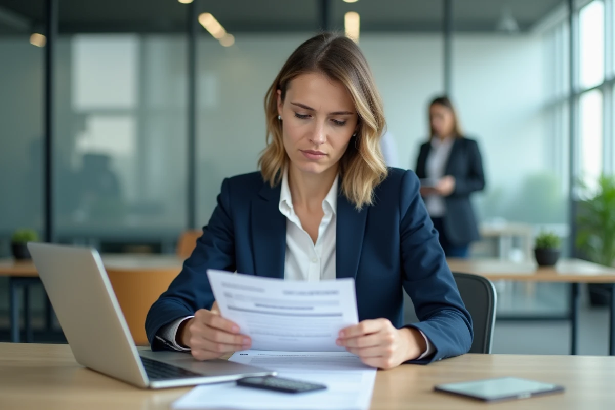 Femme professionnelle analysant sa fiche de salaire brut net sur un ordinateur portable dans un bureau moderne