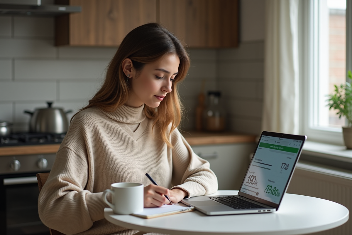 Femme étudiant un calculateur immobilier sur ordinateur