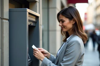 Femme utilisant sa carte bancaire à un distributeur automatique en ville, carte bloquée ou refusée