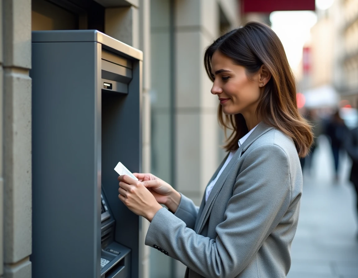 Femme utilisant sa carte bancaire à un distributeur automatique en ville, carte bloquée ou refusée