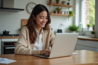 Jeune femme souriante vérifiant son cashback sur son ordinateur dans la cuisine