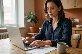 Femme consultant des documents de mutuelle santé sur une table en bois dans un appartement moderne