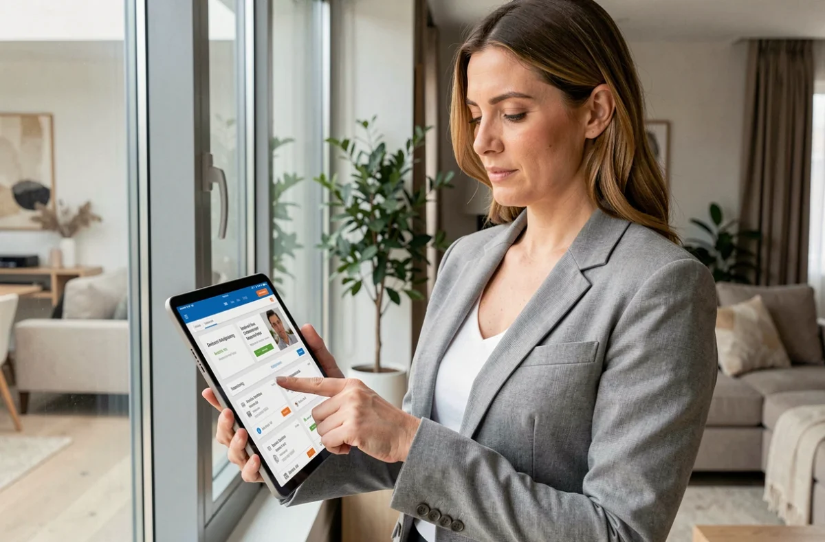 Femme comparant des offres d'assurance emprunteur sur tablette dans un appartement moderne