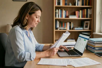 Femme consultant le site Ameli sur ordinateur portable pour changer de mutuelle santé