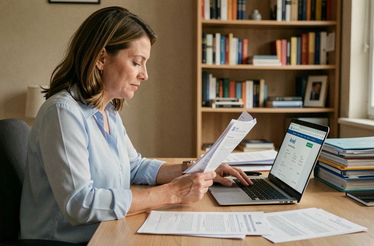 Femme consultant le site Ameli sur ordinateur portable pour changer de mutuelle santé