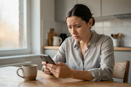 Femme consultant son application bancaire La Banque Postale sur smartphone avec une expression inquiète, salaire manquant