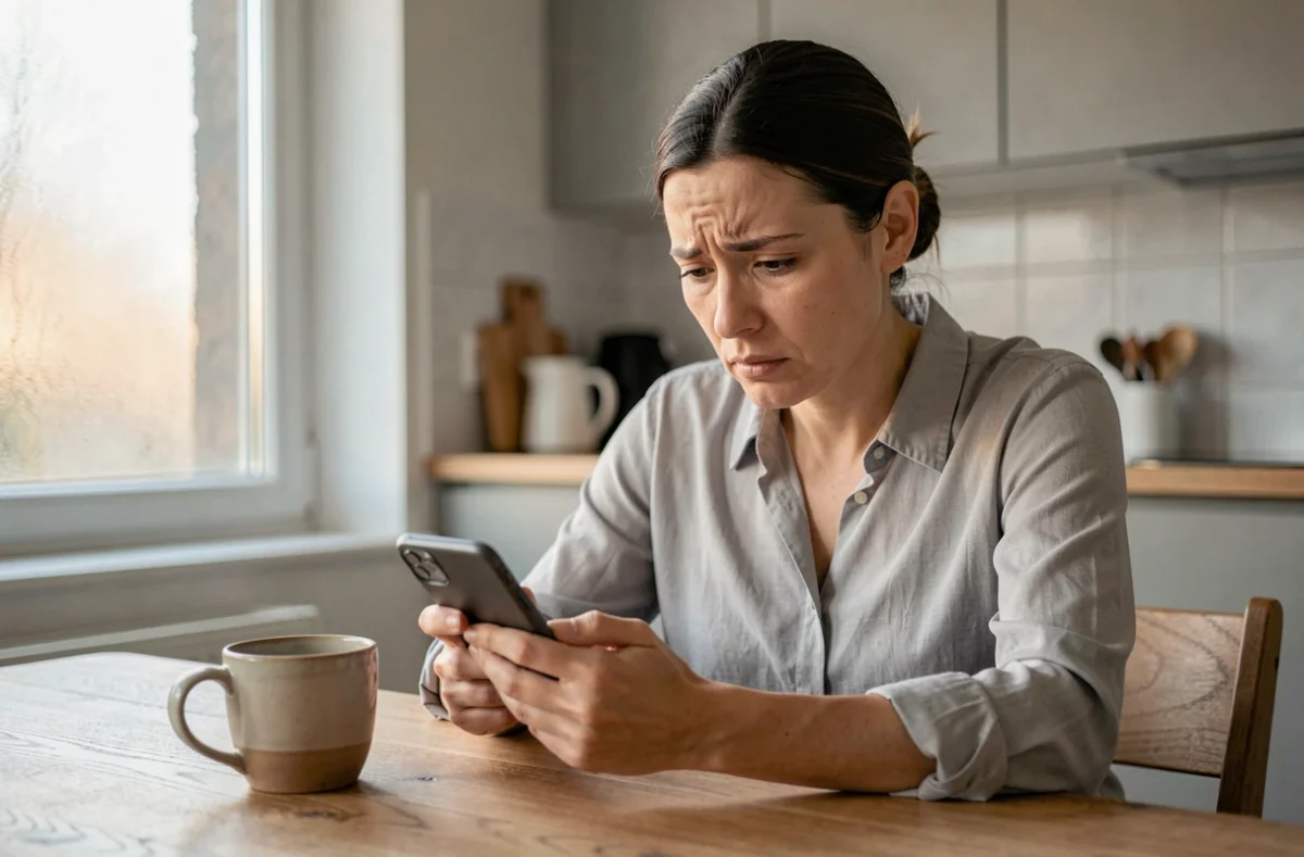 Femme consultant son application bancaire La Banque Postale sur smartphone avec une expression inquiète, salaire manquant