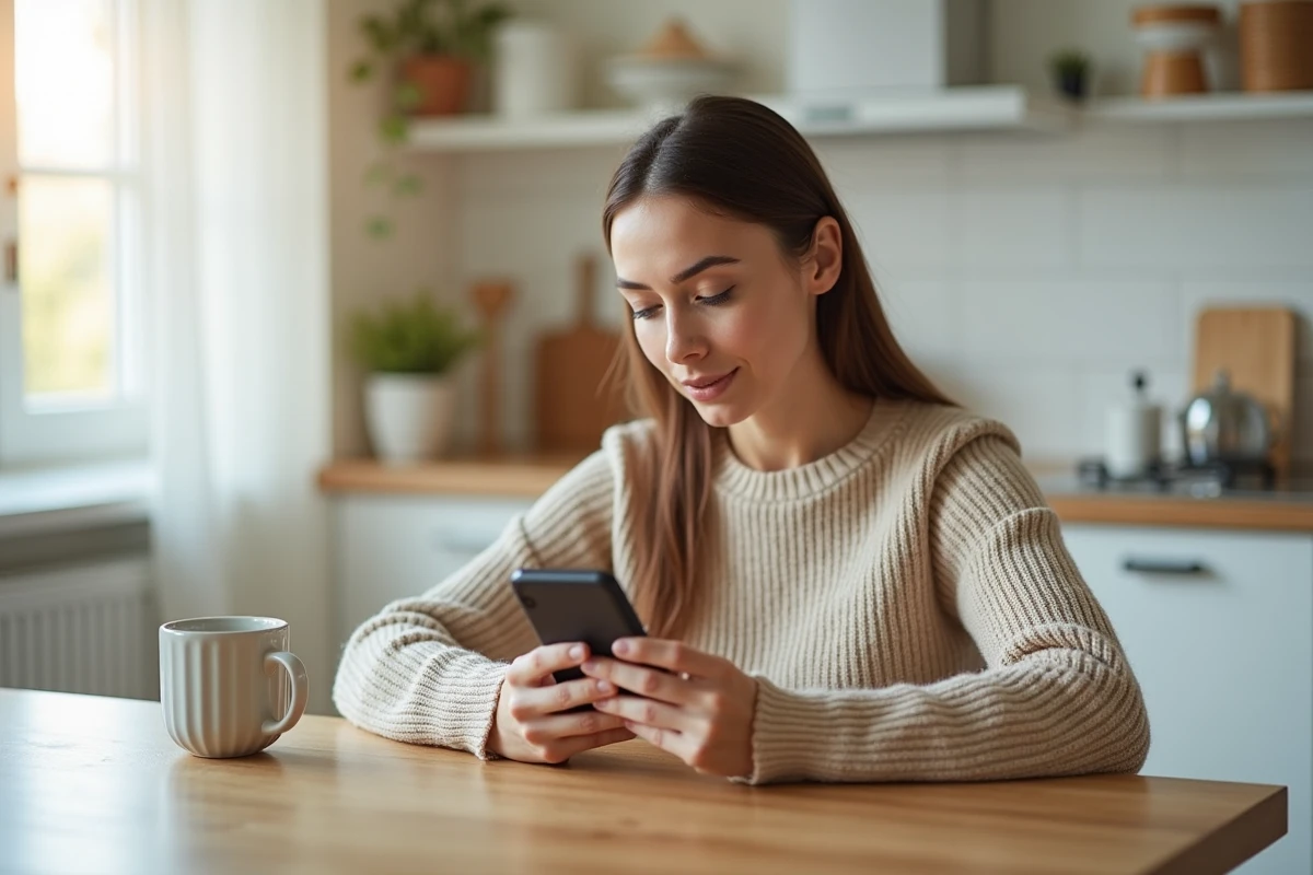 Femme consultant son compte bancaire CA56 sur application mobile depuis sa cuisine