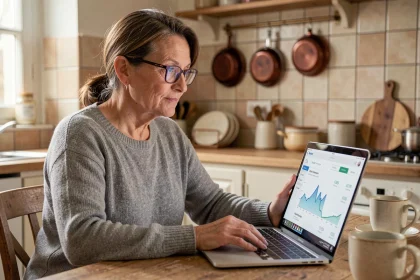 Femme consultant ses comptes bancaires en ligne sur un ordinateur portable depuis sa cuisine