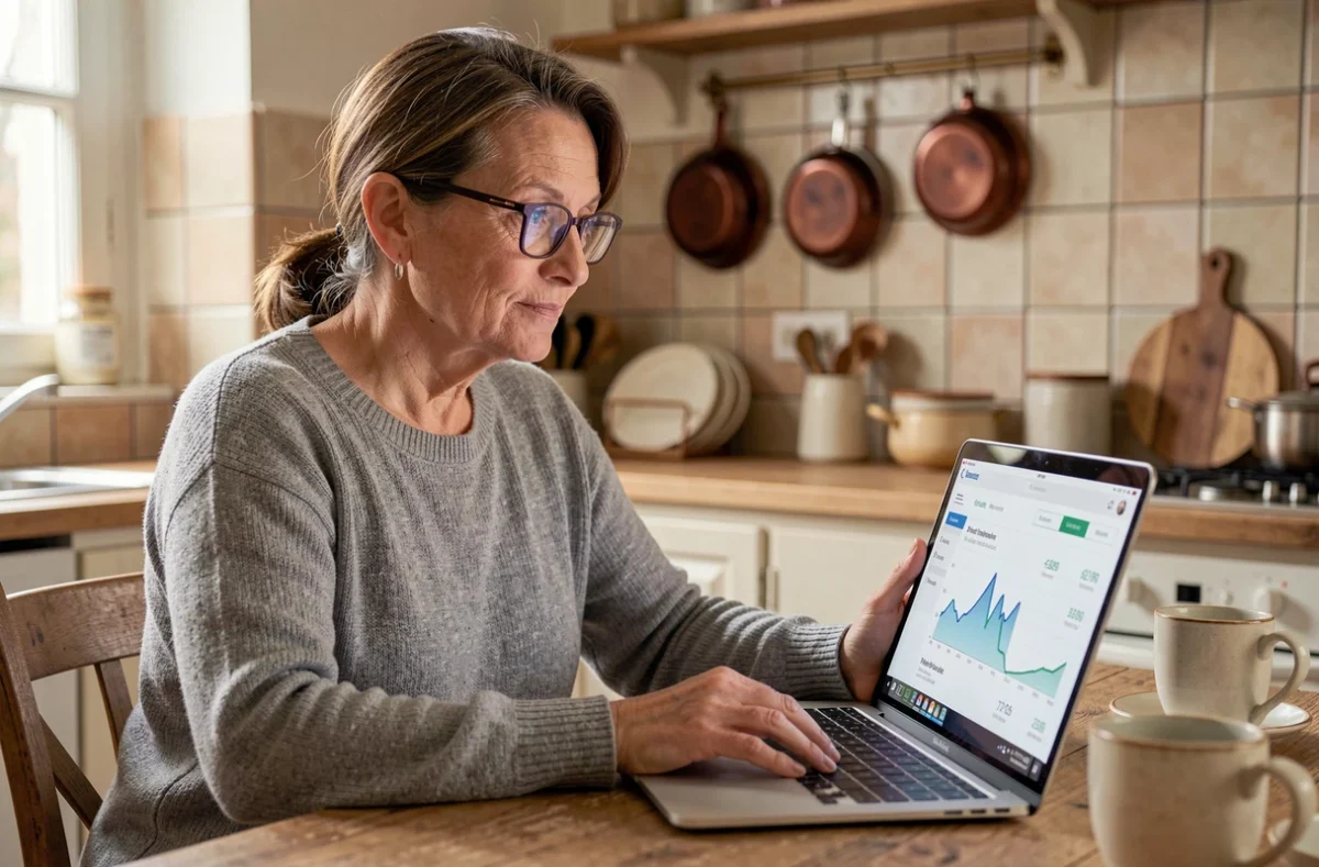 Femme consultant ses comptes bancaires en ligne sur un ordinateur portable depuis sa cuisine