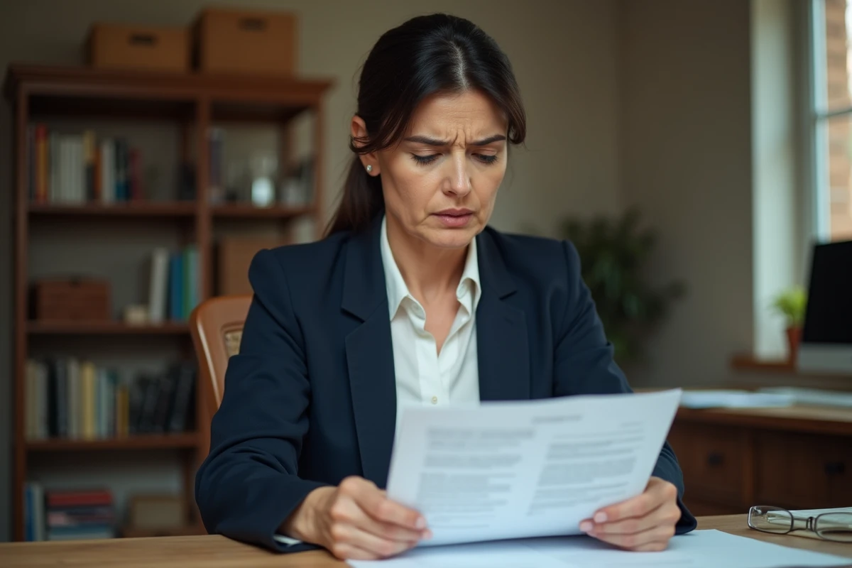 Femme consultant un dossier de surendettement à son bureau à domicile, examinant des documents officiels avec attention