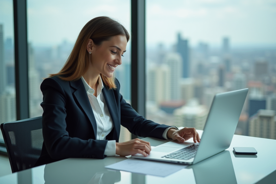 Femme confiante en bureau moderne examinant documents ICO
