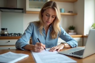 Femme d'âge moyen étudiant un contrat de prêt à la cuisine